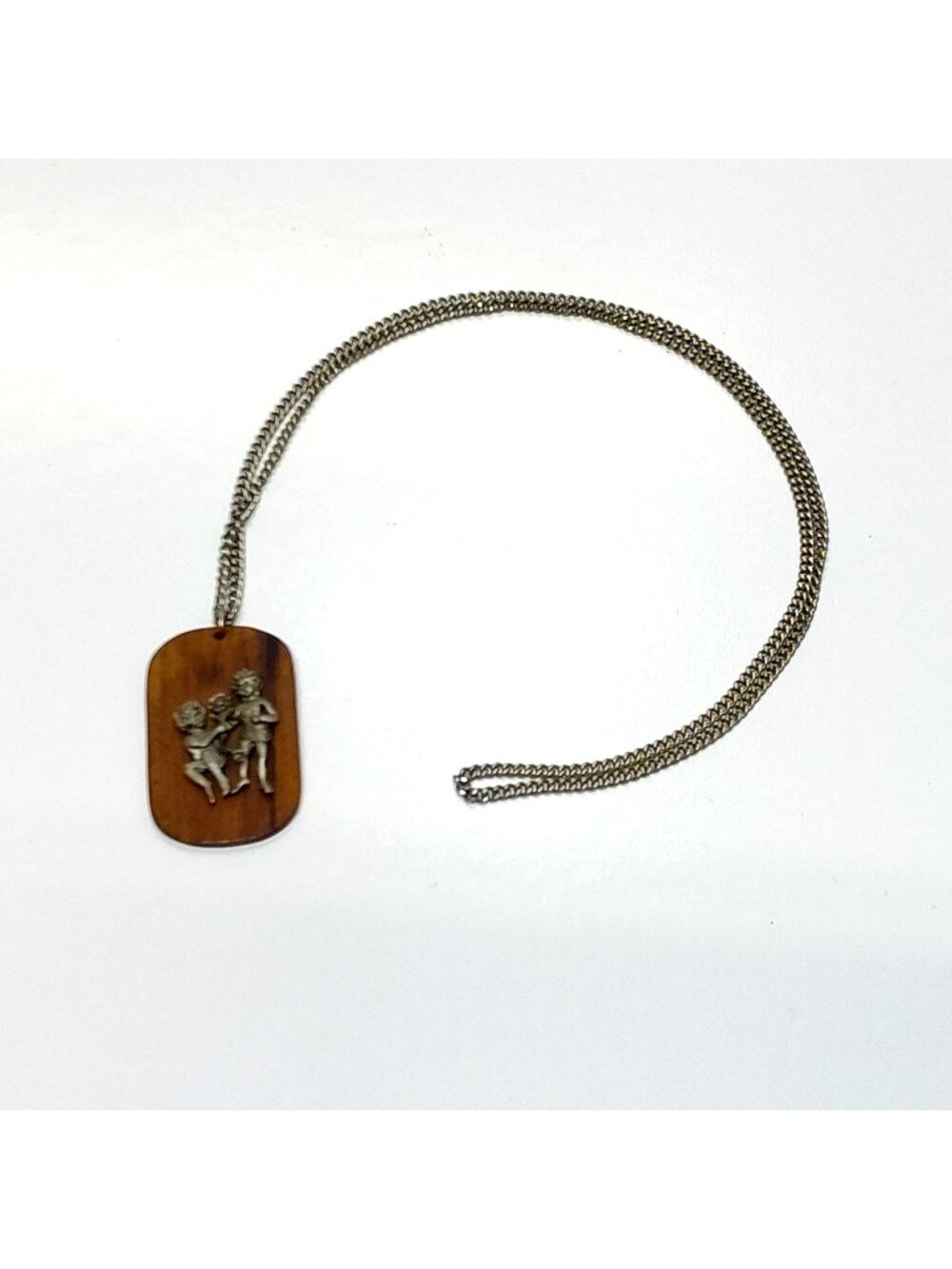 Sterling Silver Gemini Pendant On Wooden Medallion Custom Design 24-Inch Chain